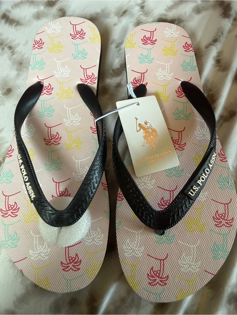 U.S. Polo Assn. Women's Multicolor Patterned Flip Flops with Black Straps